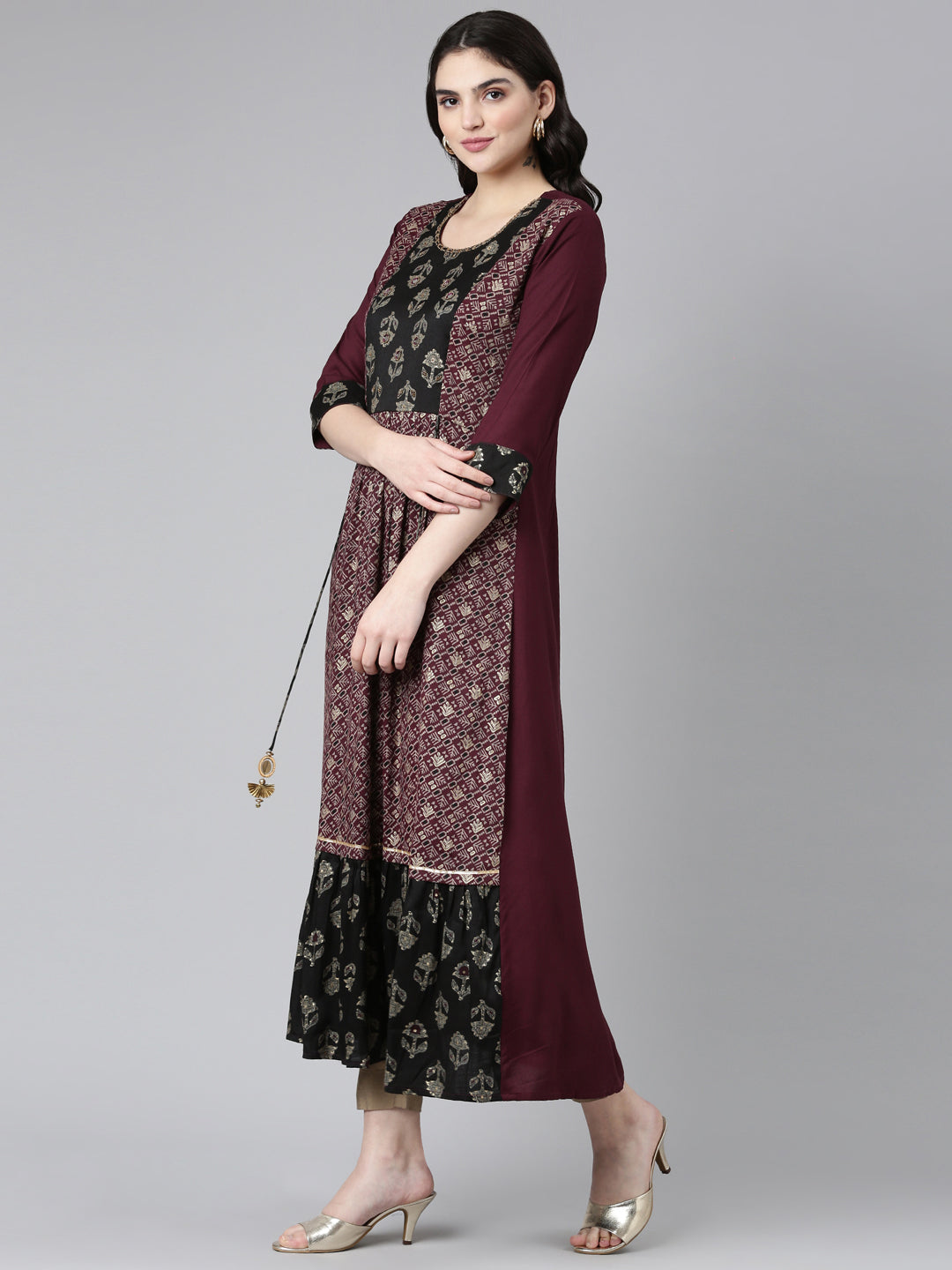 Neerus Multi ethnic printed mirror work A-line kurta - back view