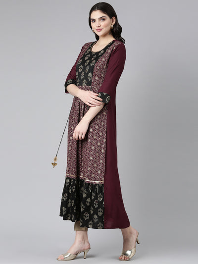 Neerus Maroon Straight Casual Printed Gown
