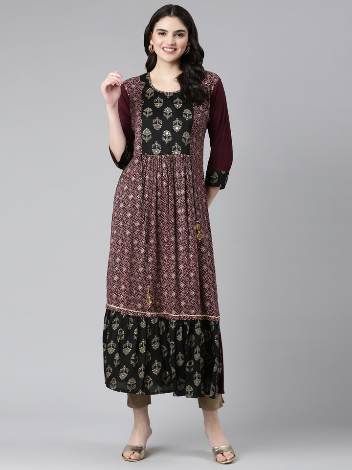 Neerus Multi ethnic printed mirror work A-line kurta - detail view 3