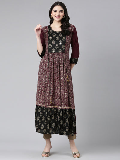 Neerus Maroon Straight Casual Printed Gown
