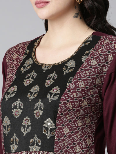 Neerus Maroon Straight Casual Printed Gown