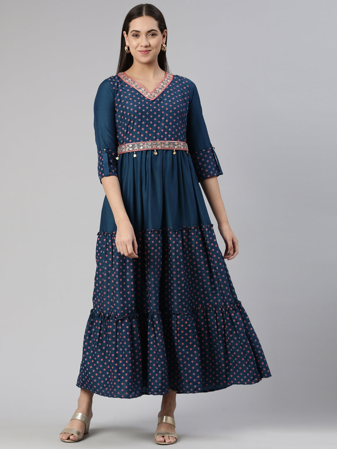 ethnic maxi dress with sleeves Neerus Multi Ethnic Printed Rayon Maxi Dress for Casual Daily Wear Women –  Neerus India