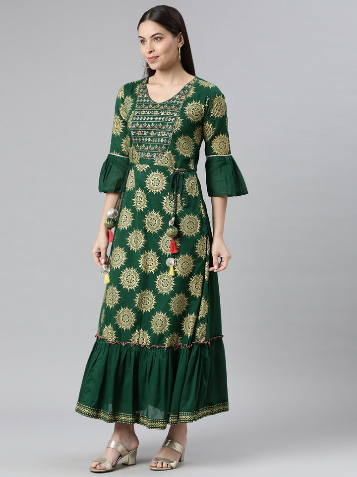 Neerus Green Color Printed Floral Dress