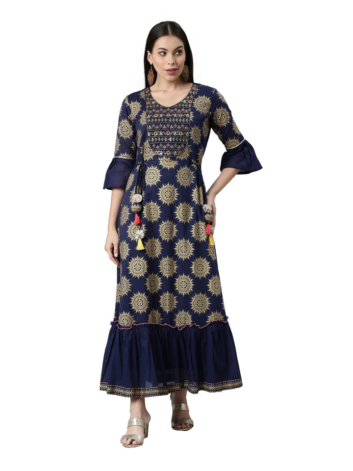 Neerus Women Navy Blue Ethnic Motifs Embellished Flared Sleeves Anarkali Kurta