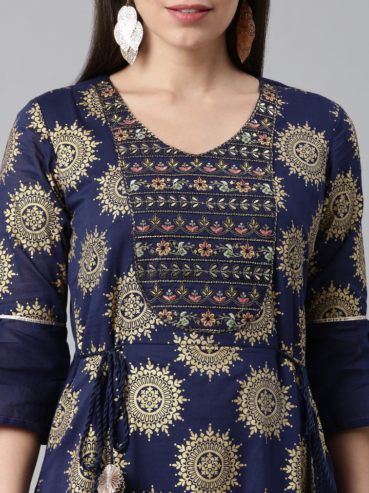Neerus Women Navy Blue Ethnic Motifs Embellished Flared Sleeves Anarkali Kurta