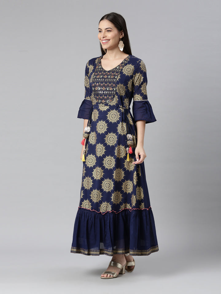 Neerus Women Navy Blue Ethnic Motifs Embellished Flared Sleeves Anarkali Kurta