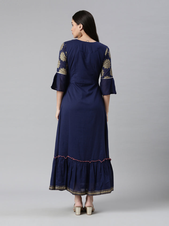 Neerus Women Navy Blue Ethnic Motifs Embellished Flared Sleeves Anarkali Kurta