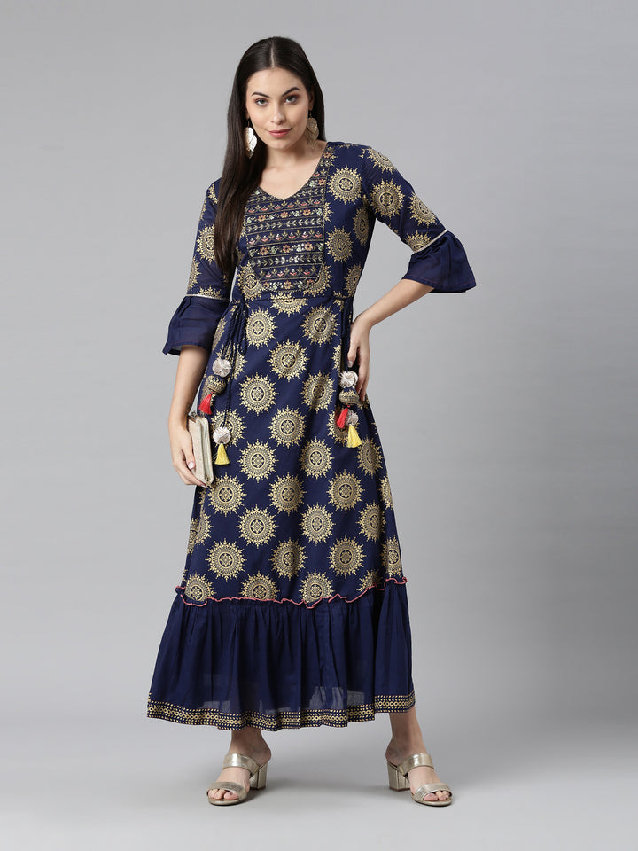 Neerus Women Navy Blue Ethnic Motifs Embellished Flared Sleeves Anarkali Kurta