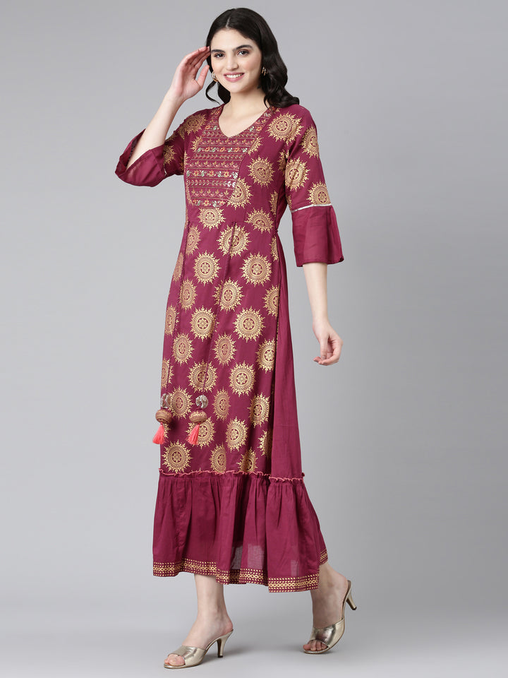 Neerus Maroon Straight Casual Printed Dress