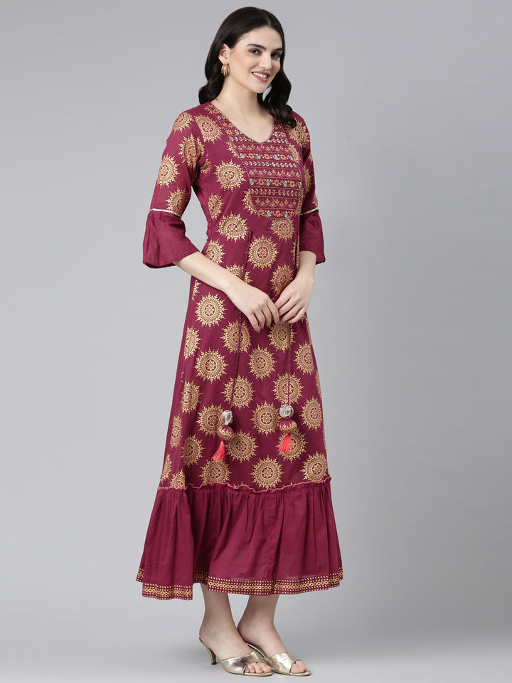 Neerus Maroon Straight Casual Printed Dress