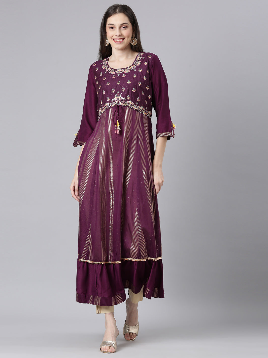 Neerus Burgundy Curved Casual Striped Dresses