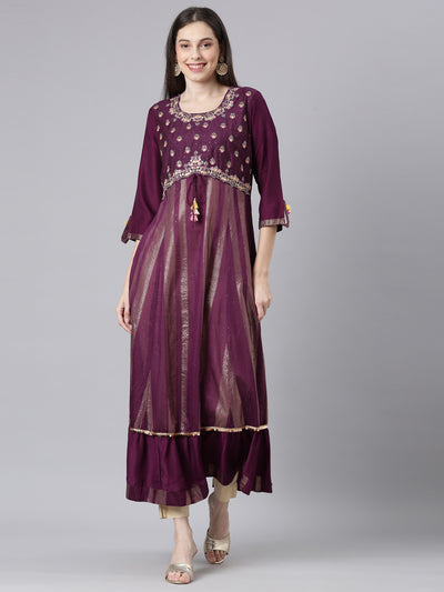 Neerus Burgundy Curved Casual Striped Dresses
