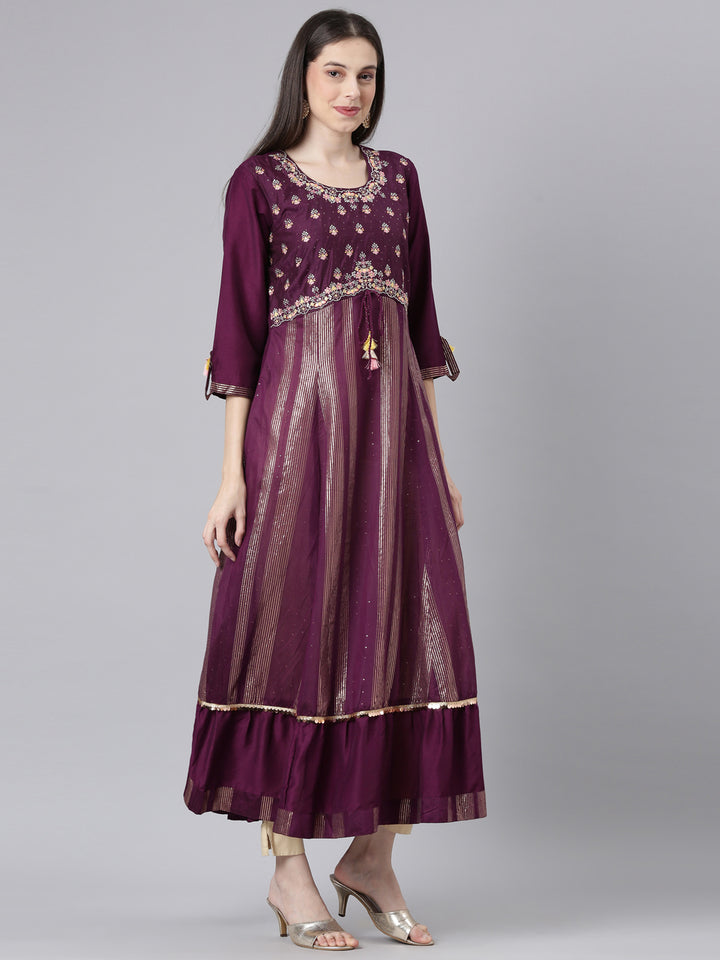 Neerus Burgundy Curved Casual Striped Dresses