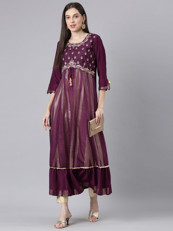 Neerus Burgundy Curved Casual Striped Dresses