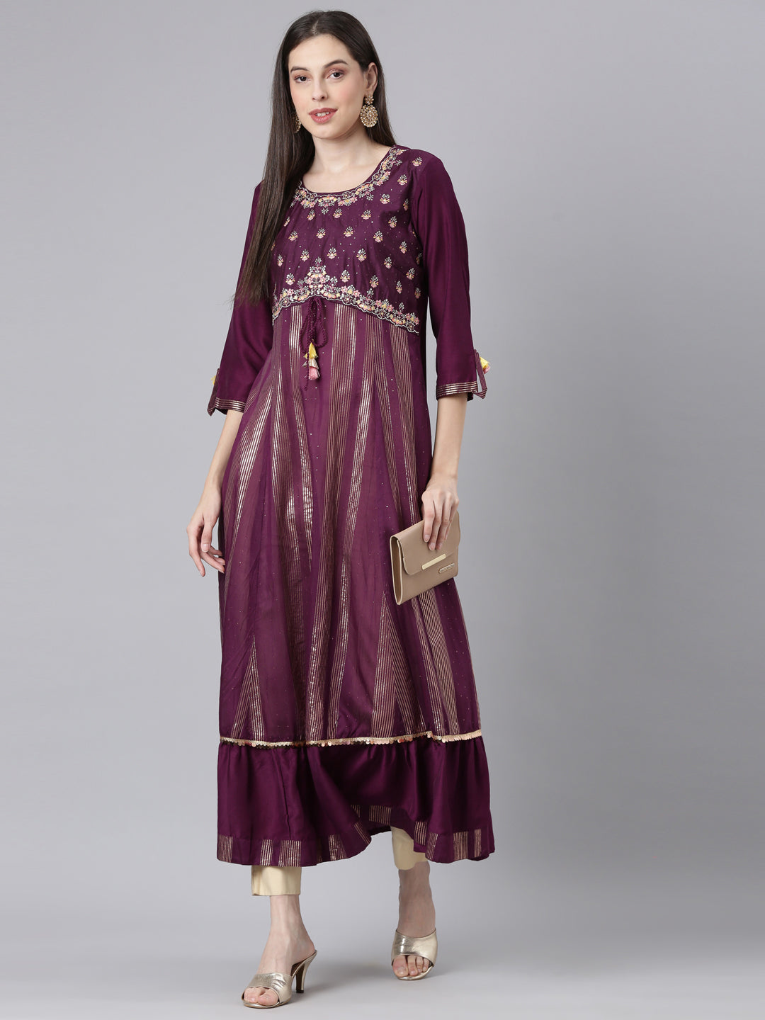 Neerus Burgundy Curved Casual Striped Dresses