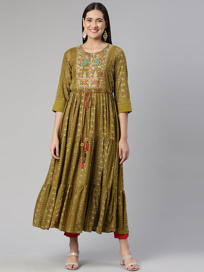 Neerus Floral Keyhole Neck Ethnic Midi Dress