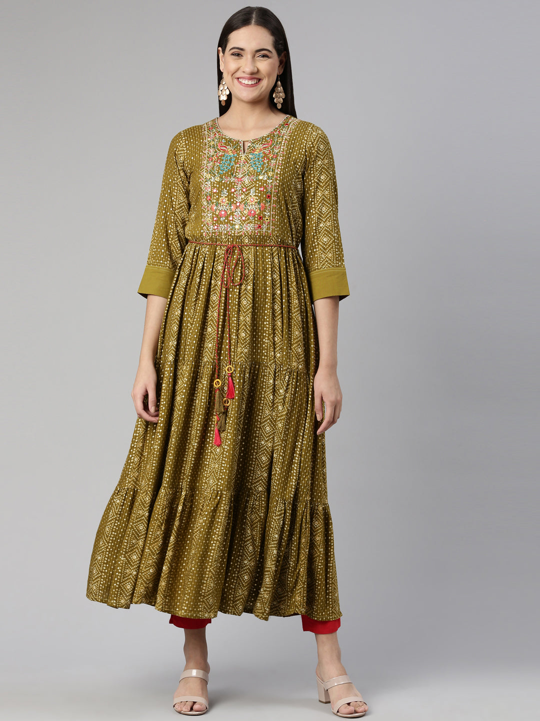Neerus Floral Keyhole Neck Ethnic Midi Dress