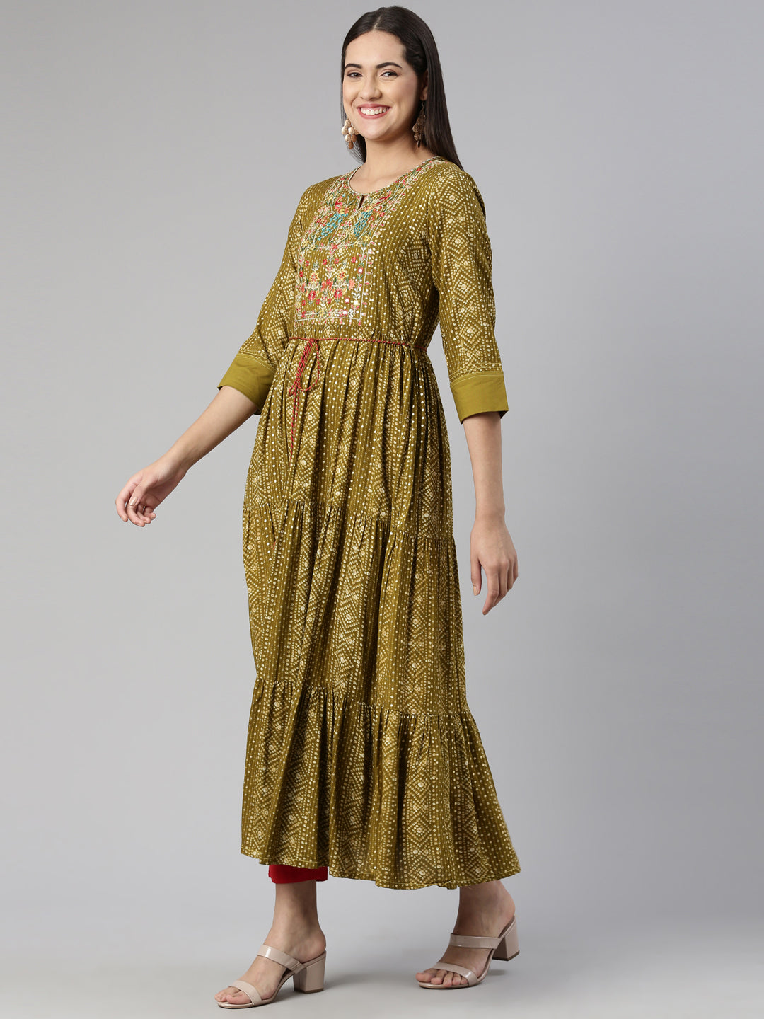 Neerus Floral Keyhole Neck Ethnic Midi Dress