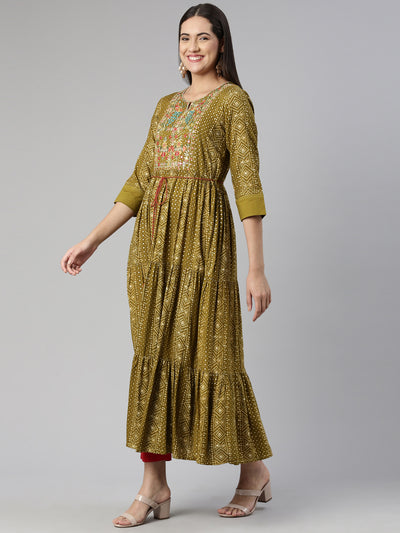Neerus Floral Keyhole Neck Ethnic Midi Dress