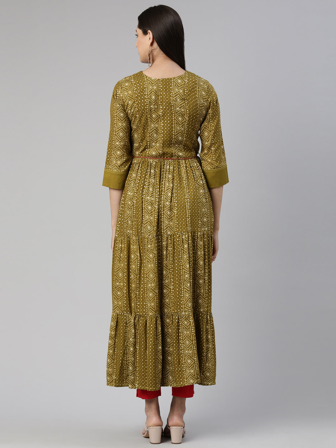 Neerus Floral Keyhole Neck Ethnic Midi Dress
