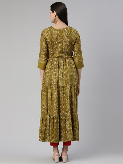 Neerus Floral Keyhole Neck Ethnic Midi Dress