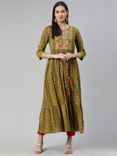 Neerus Floral Keyhole Neck Ethnic Midi Dress
