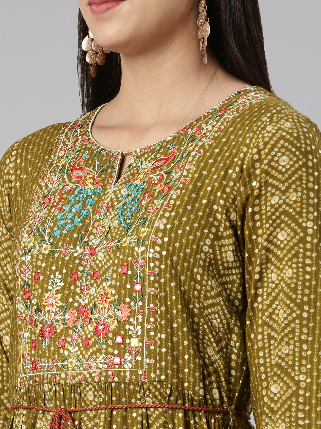 Neerus Floral Keyhole Neck Ethnic Midi Dress