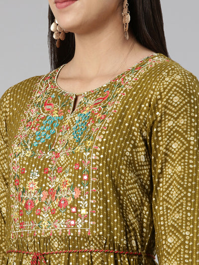 Neerus Floral Keyhole Neck Ethnic Midi Dress