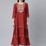Neerus Maroon Cotton Ethnic Motifs Embroidered Ethnic A-Line Maxi Dress