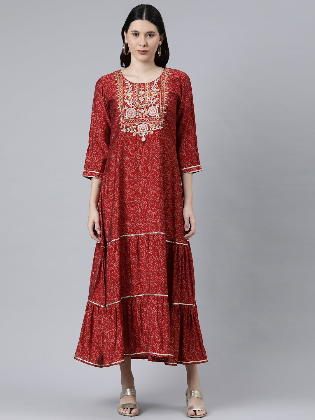Neerus Maroon Cotton Ethnic Motifs Embroidered Ethnic A-Line Maxi Dress