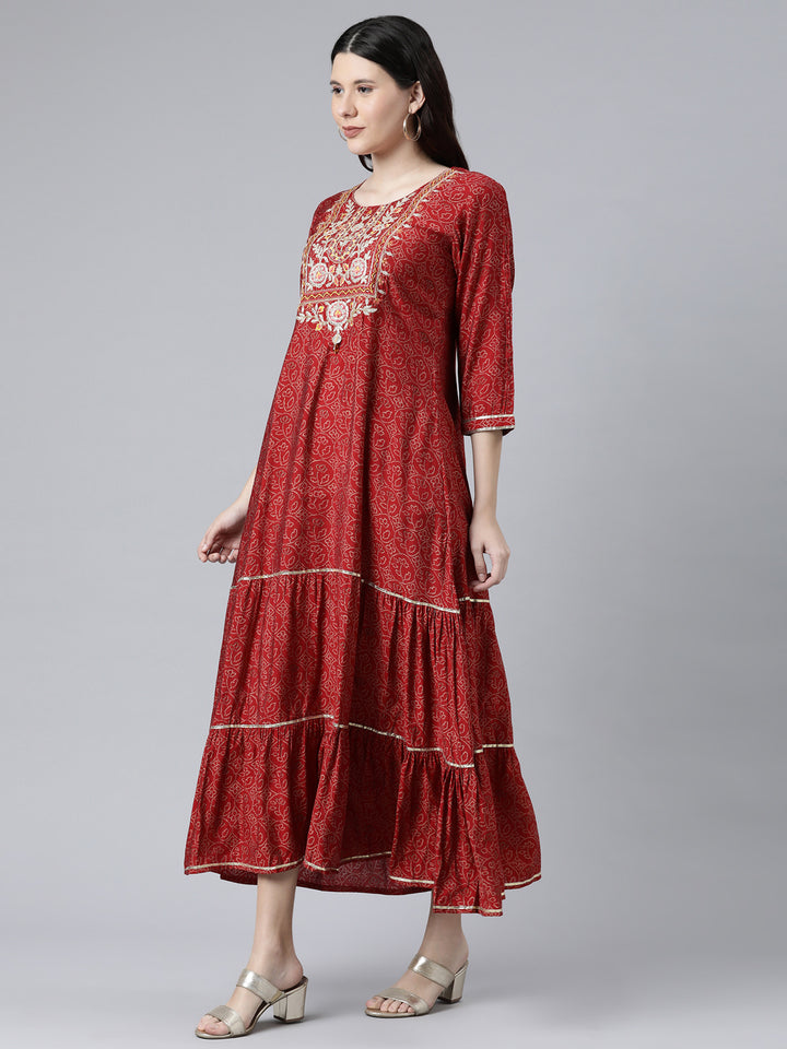 Neerus Maroon Cotton Ethnic Motifs Embroidered Ethnic A-Line Maxi Dress