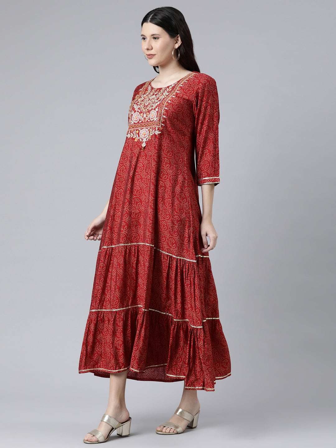 Neeru's Maroon Cotton Ethnic Motifs Embroidered Ethnic A-Line Maxi Dress