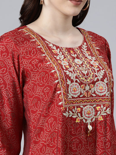 Neeru's Maroon Cotton Ethnic Motifs Embroidered Ethnic A-Line Maxi Dress