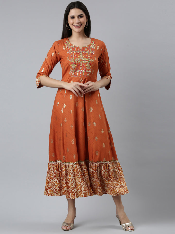 Neerus Rust Straight Casual Embroidered Dress