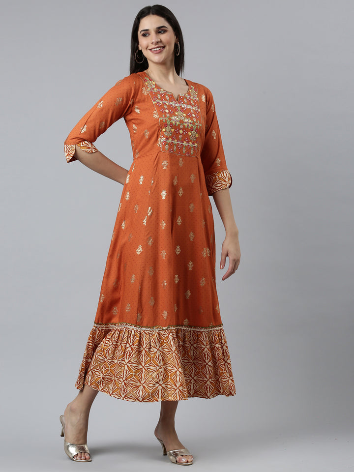 Neerus Rust Straight Casual Embroidered Dress