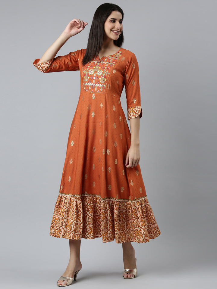 Neerus Rust Straight Casual Embroidered Dress