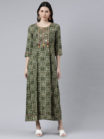NEERU'S GREEN COLOR RAYON FABRIC DRESS