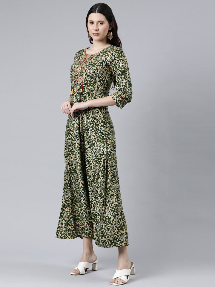 Neerus Green Color Rayon Fabric Dress