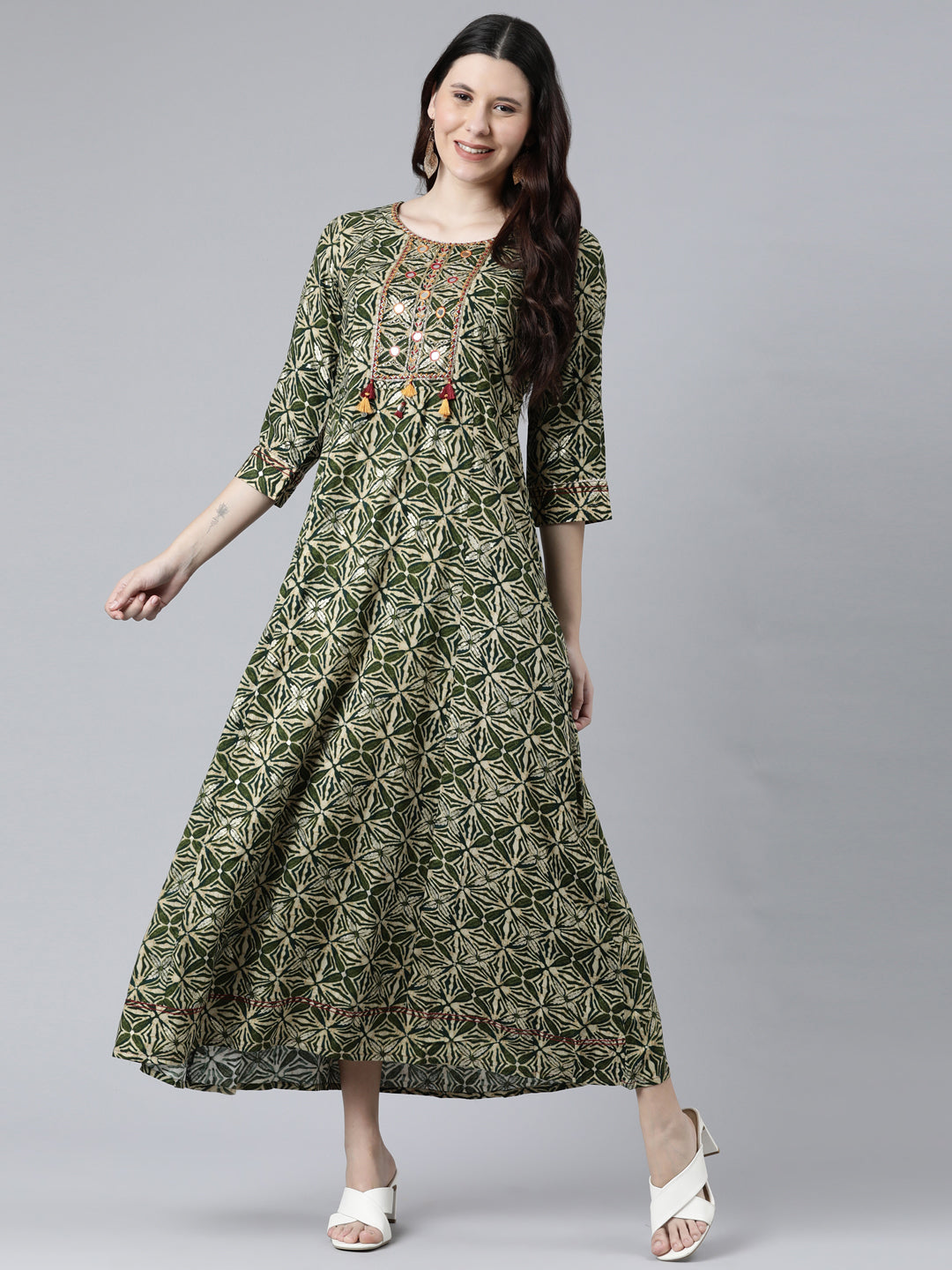 Neerus Green Color Rayon Fabric Dress