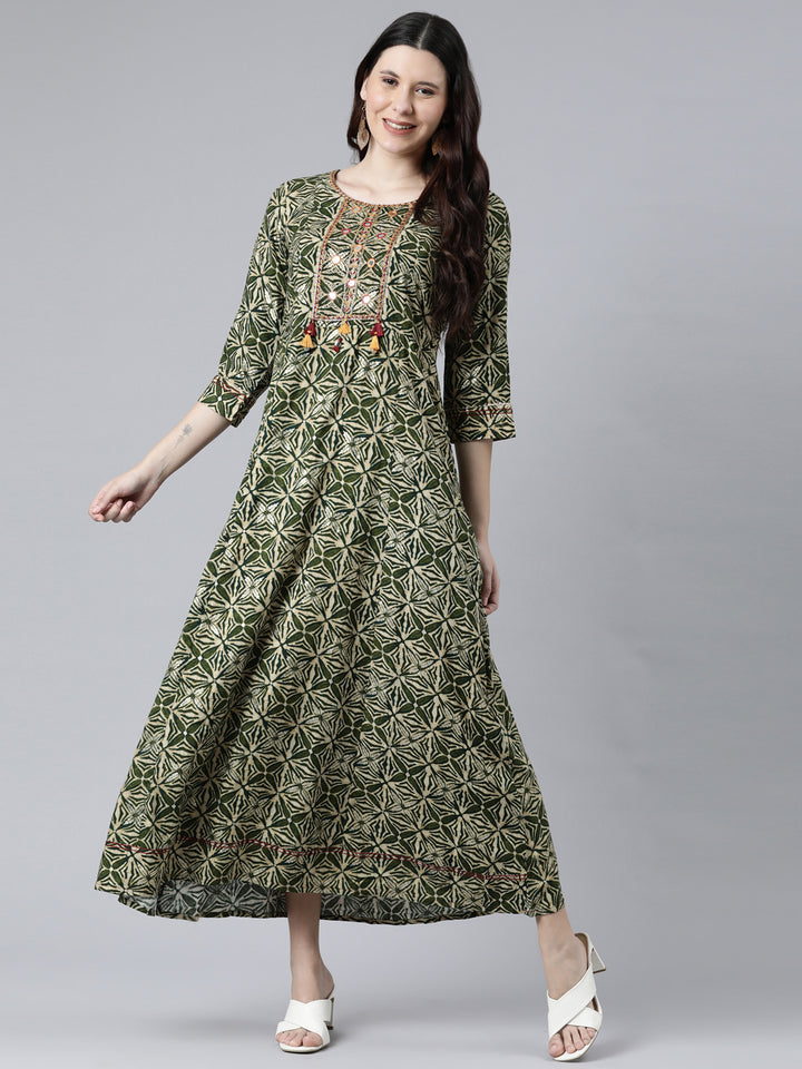 Neerus Green Color Rayon Fabric Dress