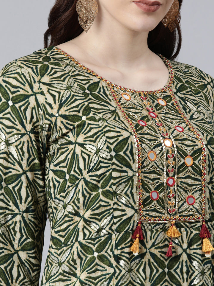 Neerus Women Green Ethnic Motifs Printed Thread Work Anarkali Kurta