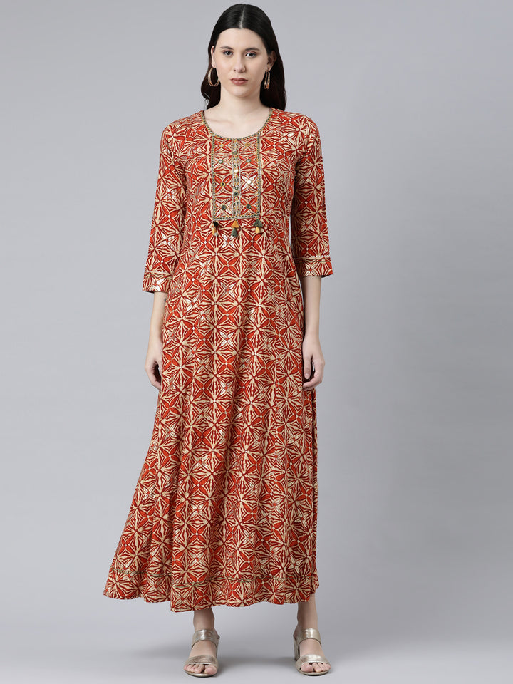 Neerus Rust Color Rayon Fabric Dress