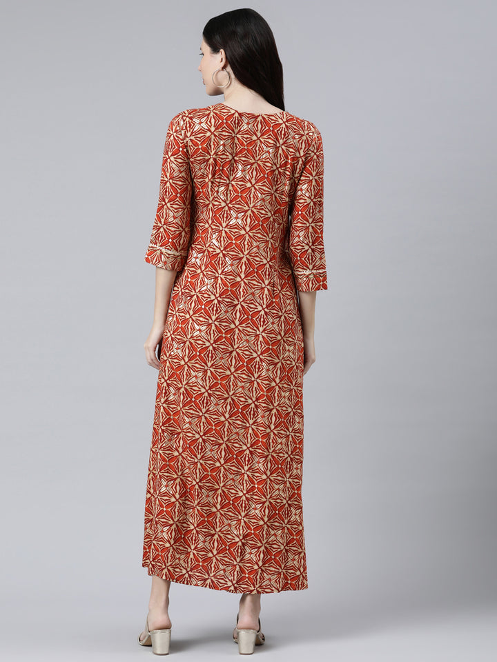 Neerus Rust Color Rayon Fabric Dress