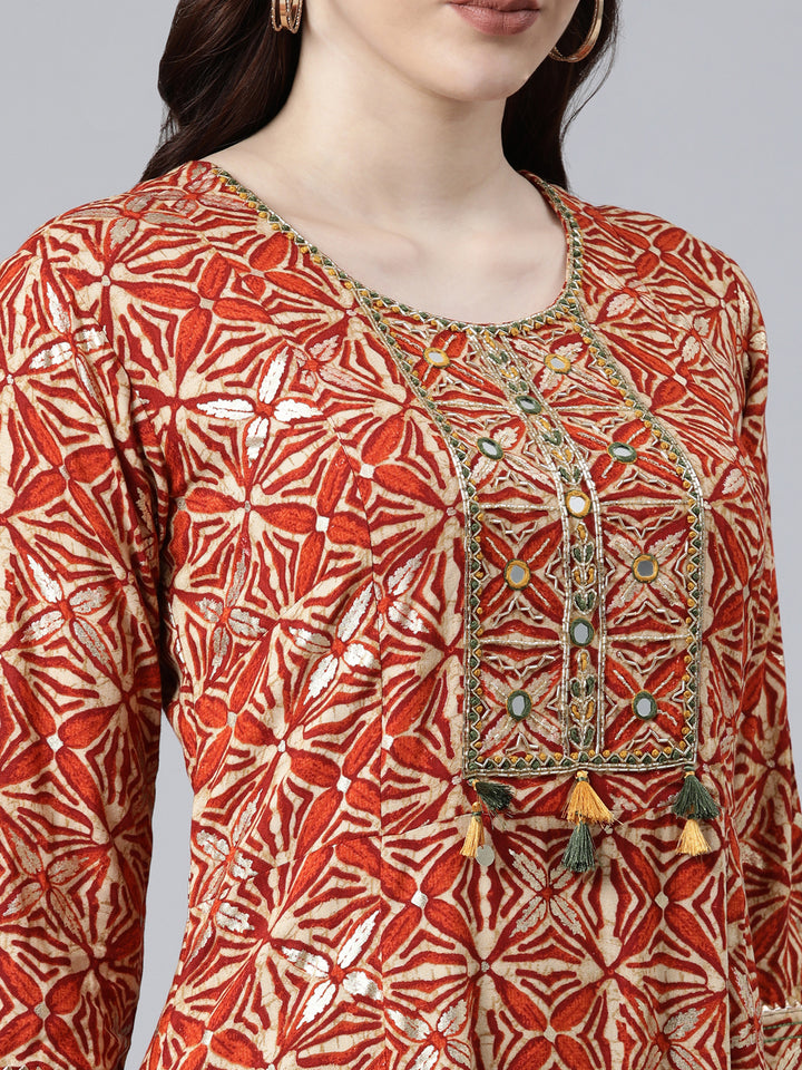 Neerus Rust Color Rayon Fabric Dress