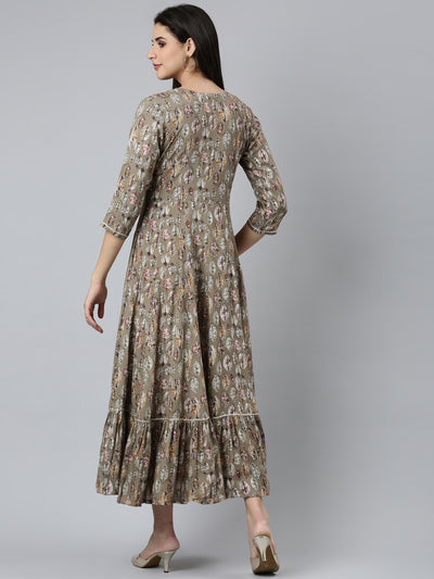 Neerus Sea Green Straight Casual Embroidered Gown