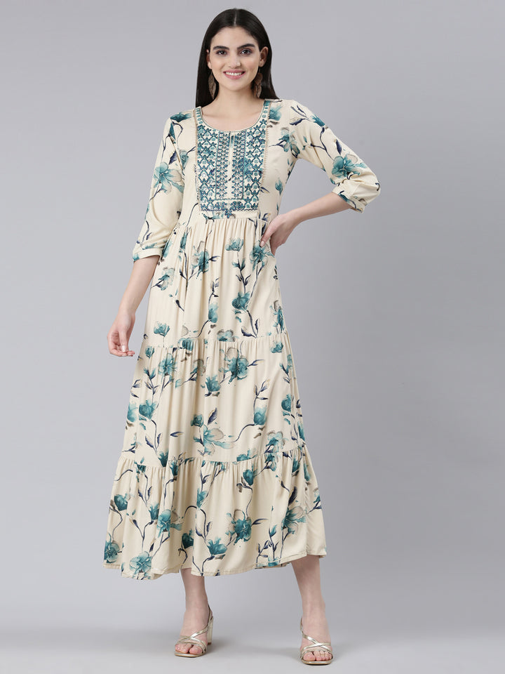 Neerus Blue Straight Casual Printed Dress