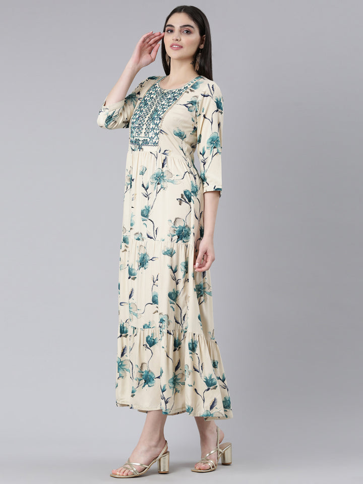 Neerus Blue Straight Casual Printed Dress