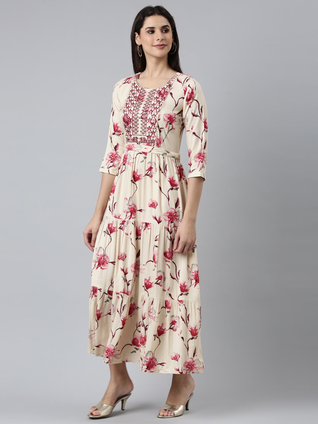 Neerus Pink Straight Casual Printed Dress