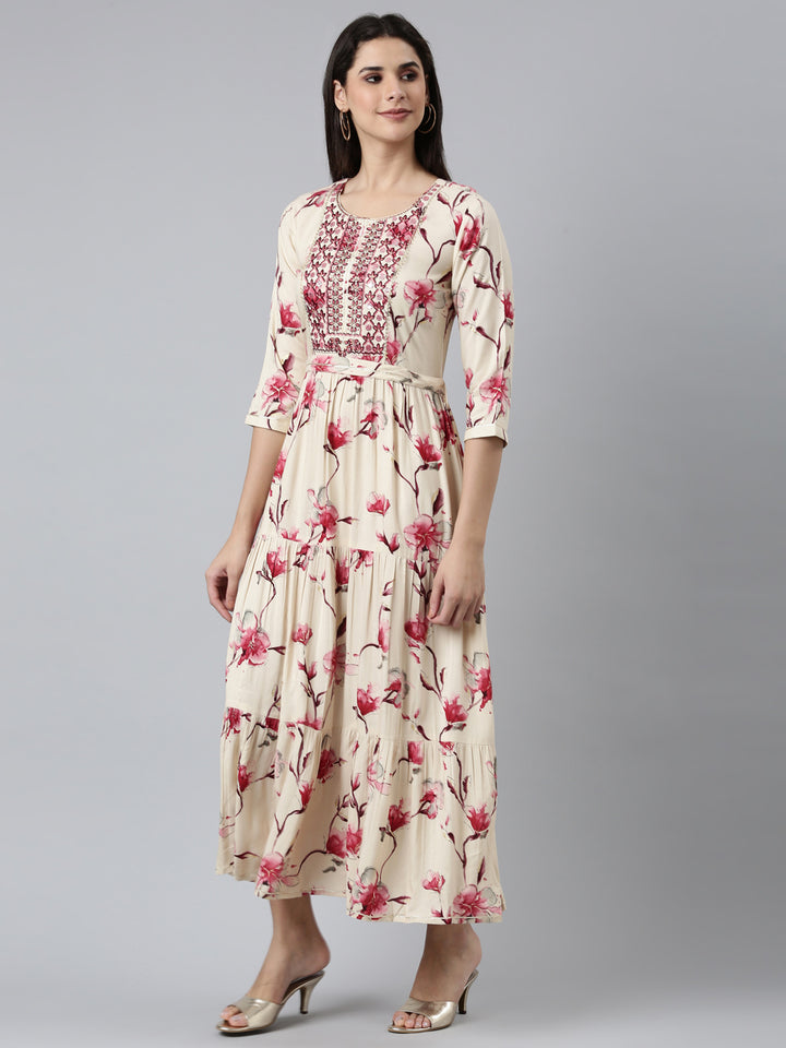 Neerus Pink Straight Casual Printed Dress
