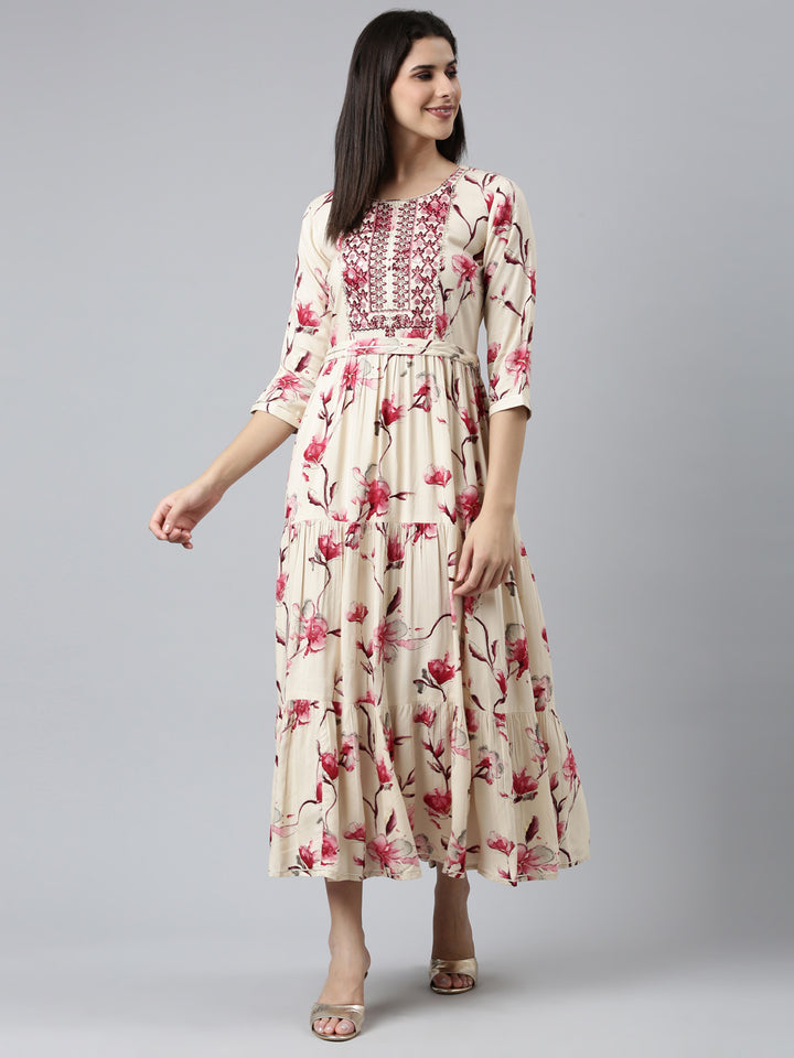 Neerus Pink Straight Casual Printed Dress